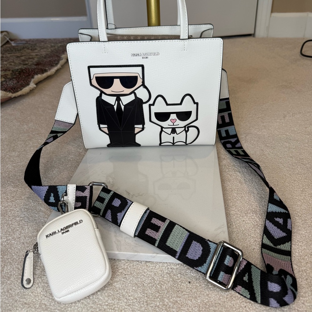 Karl Lagerfeld White Crossbody Bag with Black & Pink Accents